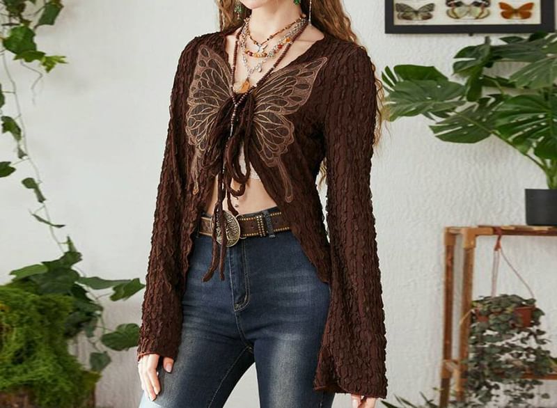 Print Top Long-Sleeve Butterfly V-Neck Crop Ribbon Front