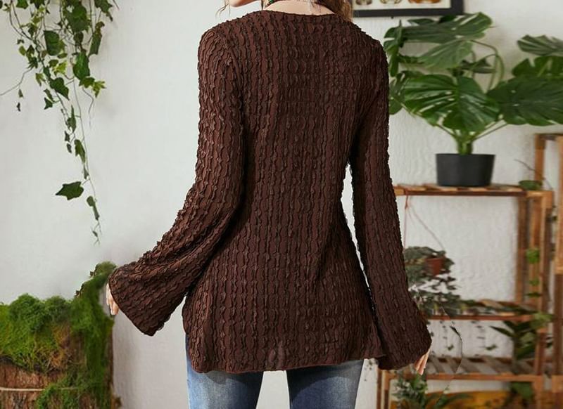 Print Top Long-Sleeve Butterfly V-Neck Crop Ribbon Front