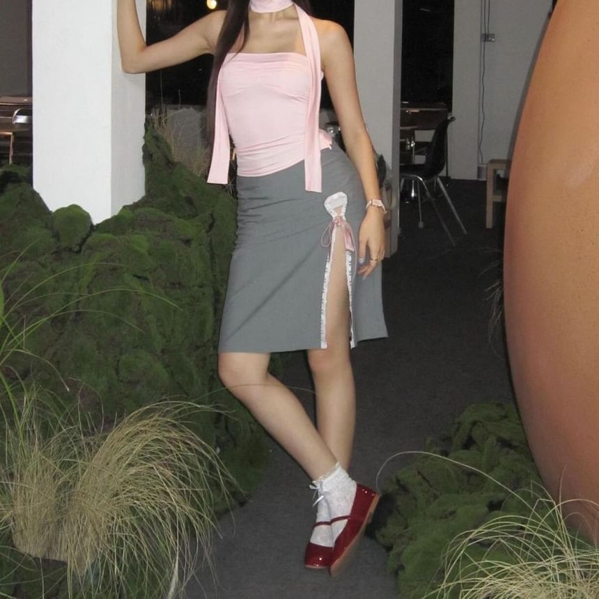 Trim High Pencil Ribbon Lace Midi Skirt Plain Rise