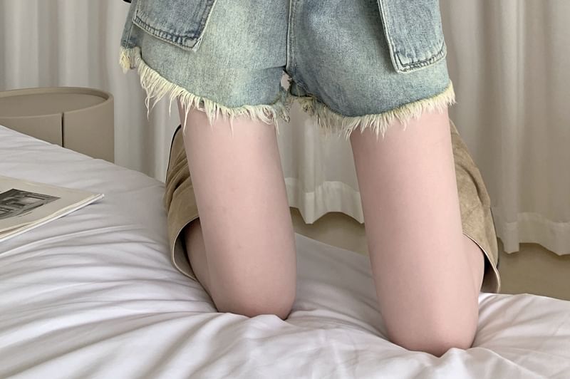 High Waist Washed Fray Mini Denim Shorts