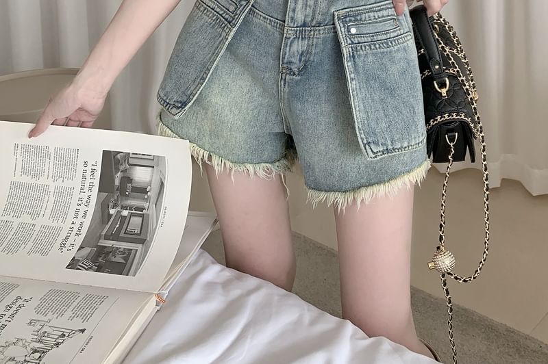 High Waist Washed Fray Mini Denim Shorts