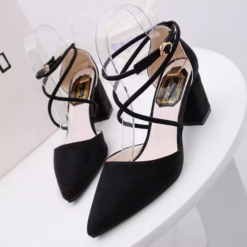 Strap Ankle Pointed Heel Chunky Sandals