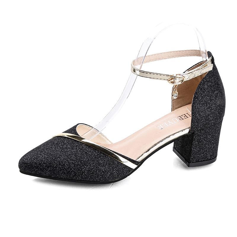 Almond Chunky Heel Toe Glitter Sandals Strap Ankle