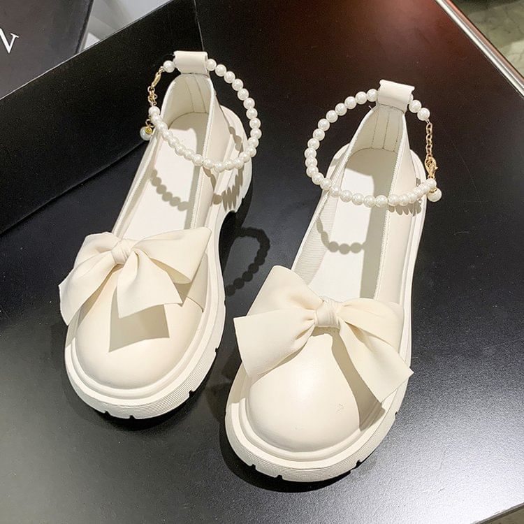 Chunky Heel Loafers Platform Ankle Strap Bow