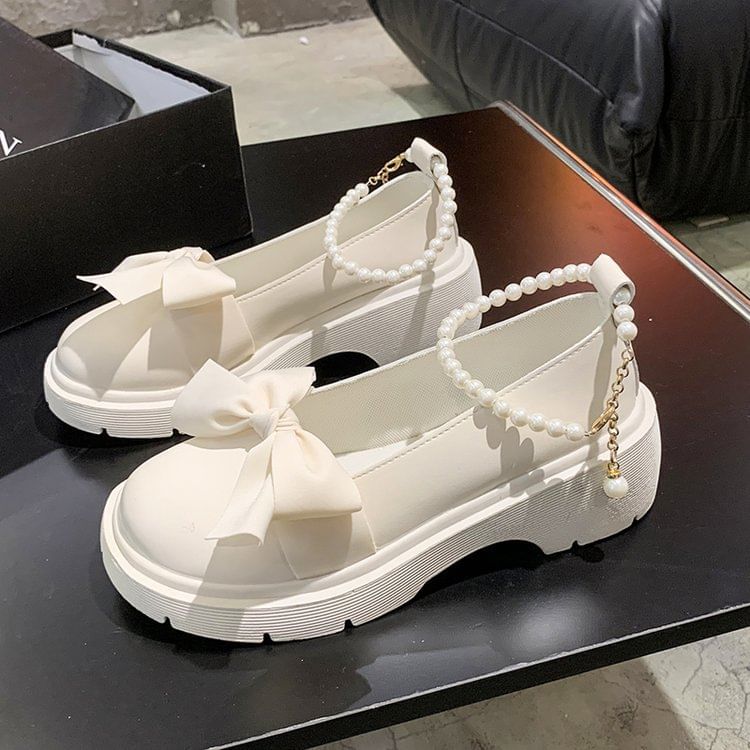 Chunky Heel Loafers Platform Ankle Strap Bow
