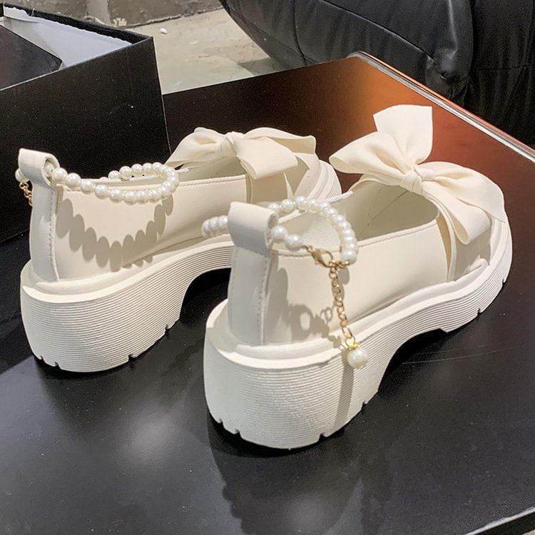 Chunky Heel Loafers Platform Ankle Strap Bow