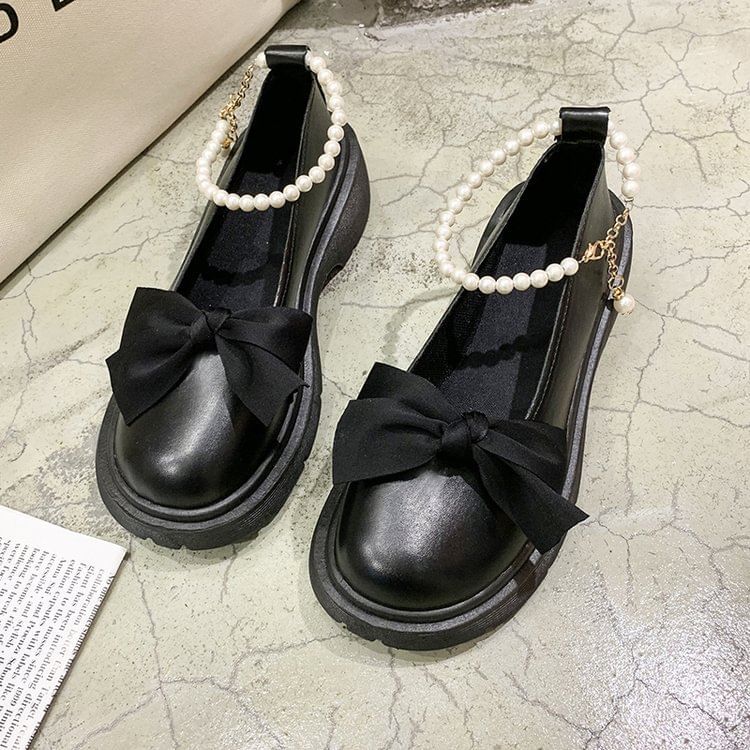 Chunky Heel Loafers Platform Ankle Strap Bow