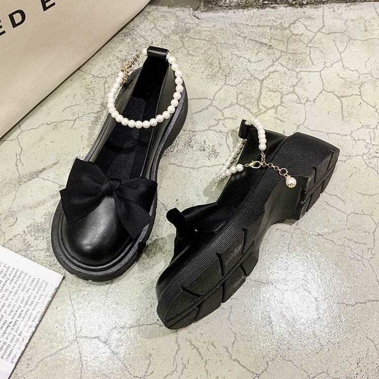 Chunky Heel Loafers Platform Ankle Strap Bow