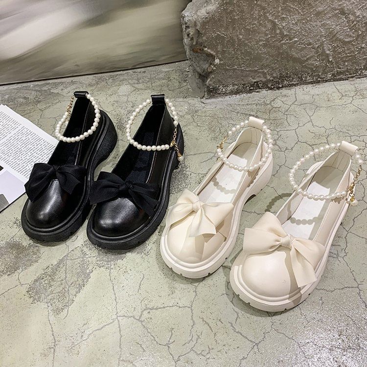Chunky Heel Loafers Platform Ankle Strap Bow