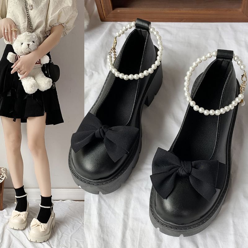 Heel Strap Loafers Ankle Bow Chunky Platform