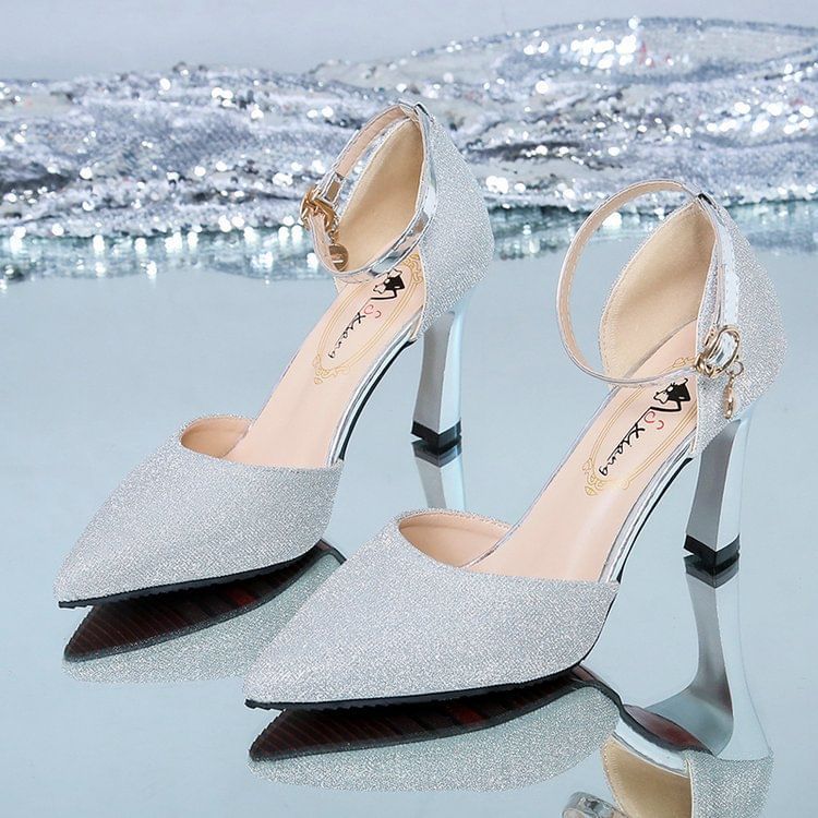 Glitter Pointed Ankle Heel Strap Sandals Chunky