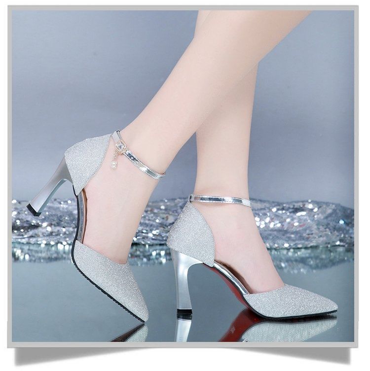 Glitter Pointed Ankle Heel Strap Sandals Chunky