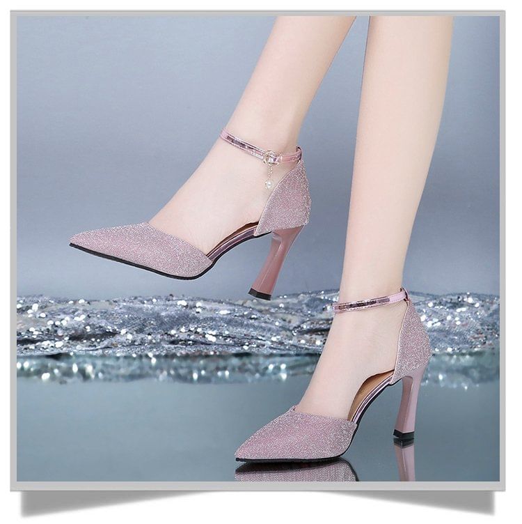 Glitter Pointed Ankle Heel Strap Sandals Chunky