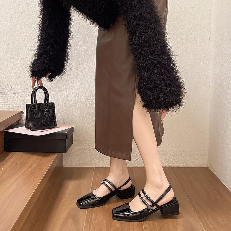 Sandals Block Square-Toe Heel Buckled Slingback