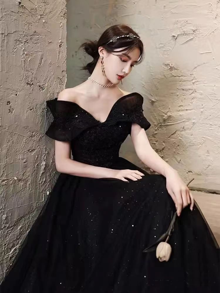Short-Sleeve Off Shoulder Plain Sequin Mesh A-Line Evening Gown