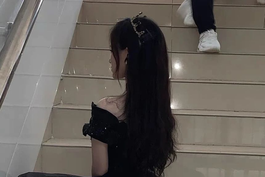 Short-Sleeve Off Shoulder Plain Sequin Mesh A-Line Evening Gown