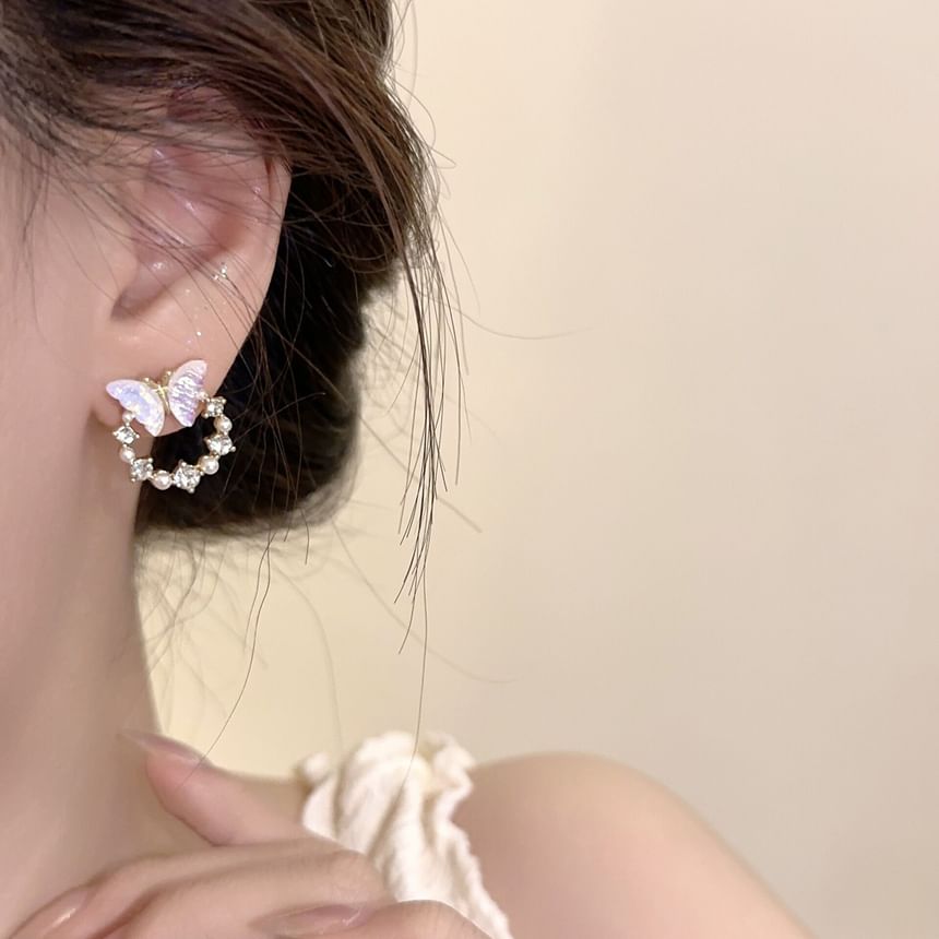 Rhinestone Pearl Faux Stud Butterfly Alloy Earring