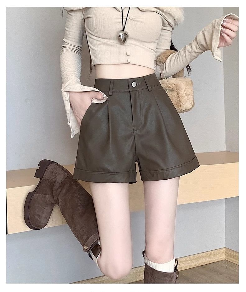Faux Leather Shorts Waist High Plain