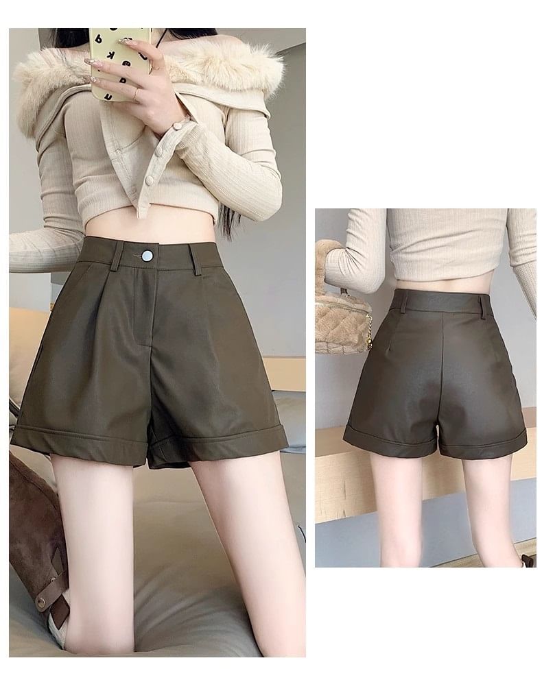 Faux Leather Shorts Waist High Plain