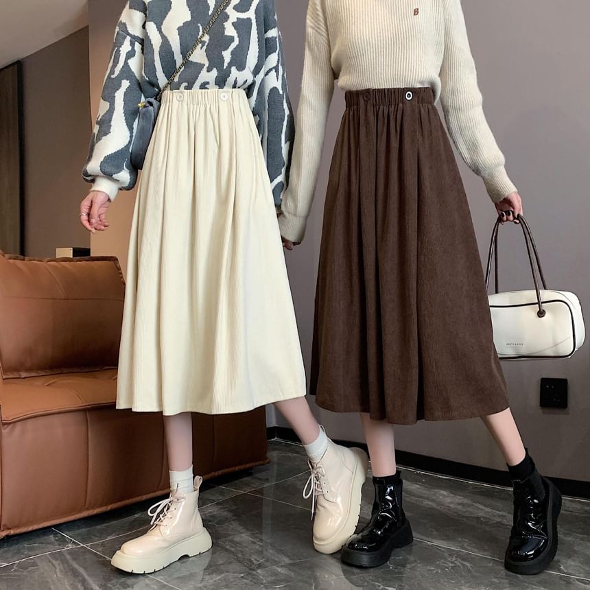 Elastic A-Line Waist Pocket Midi Skirt Plain