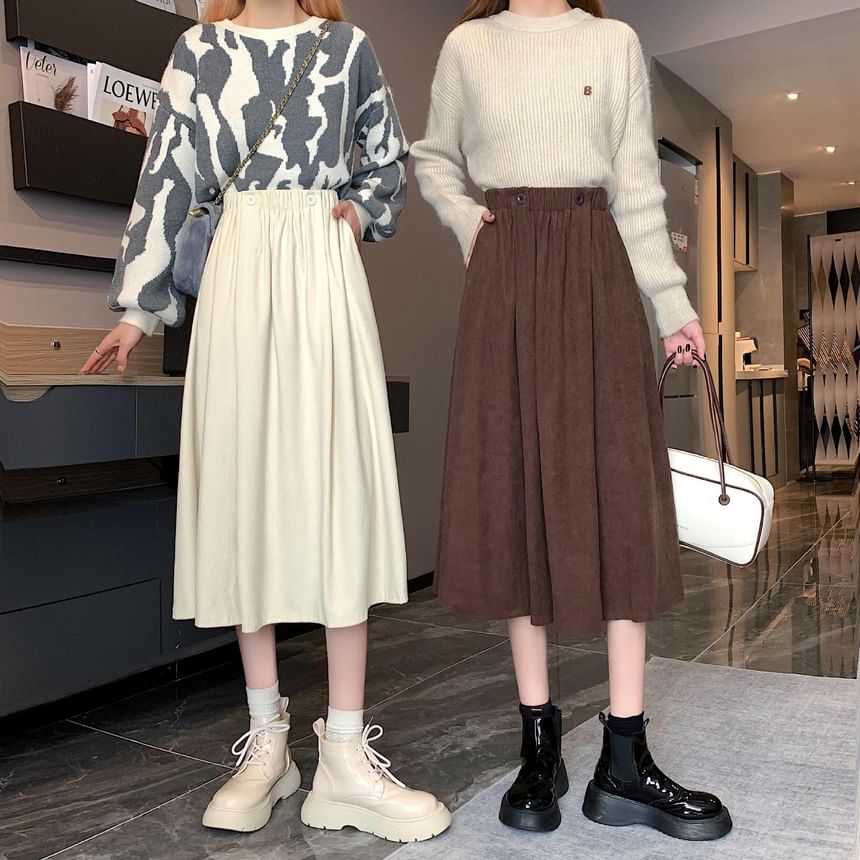 Elastic A-Line Waist Pocket Midi Skirt Plain