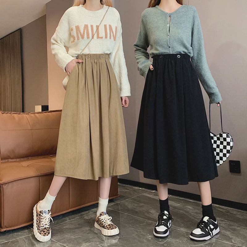 Elastic A-Line Waist Pocket Midi Skirt Plain