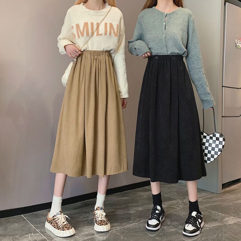 Elastic A-Line Waist Pocket Midi Skirt Plain