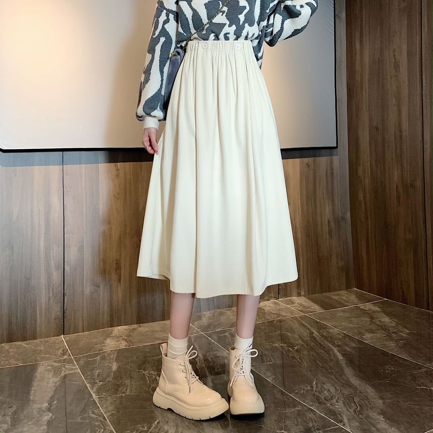 Elastic A-Line Waist Pocket Midi Skirt Plain