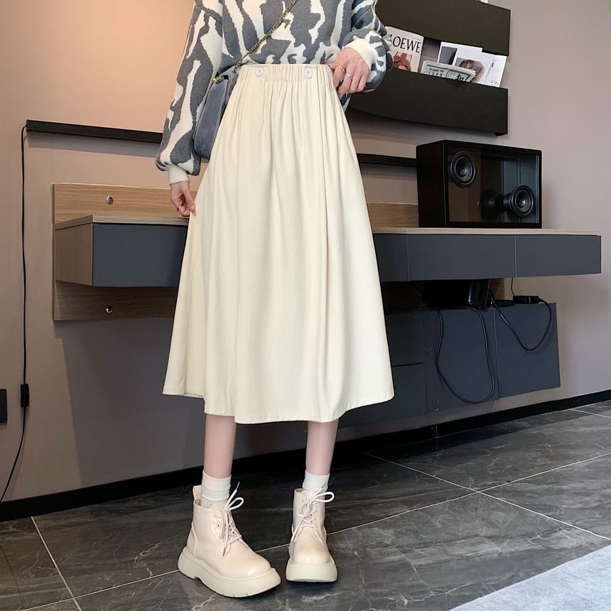 Elastic A-Line Waist Pocket Midi Skirt Plain