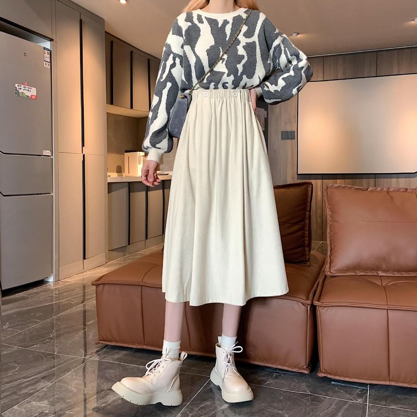 Elastic A-Line Waist Pocket Midi Skirt Plain