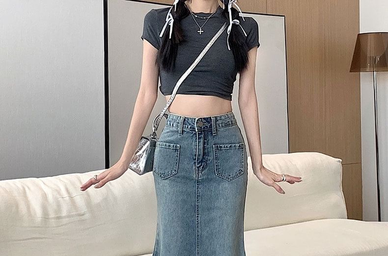 Washed Midi Denim Fray Waist Mermaid Skirt High