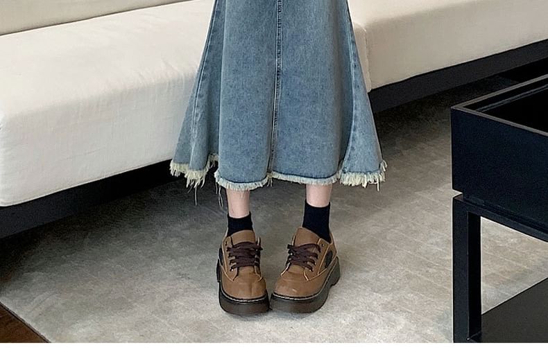 Washed Midi Denim Fray Waist Mermaid Skirt High