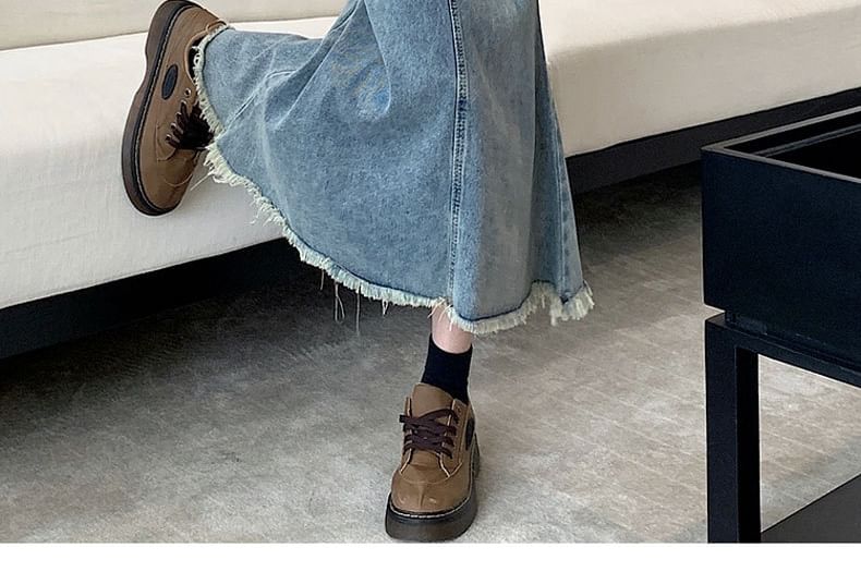 Washed Midi Denim Fray Waist Mermaid Skirt High