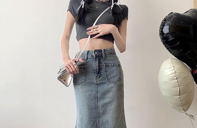 Washed Midi Denim Fray Waist Mermaid Skirt High