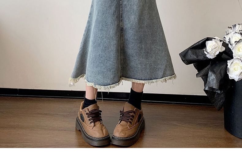 Washed Midi Denim Fray Waist Mermaid Skirt High