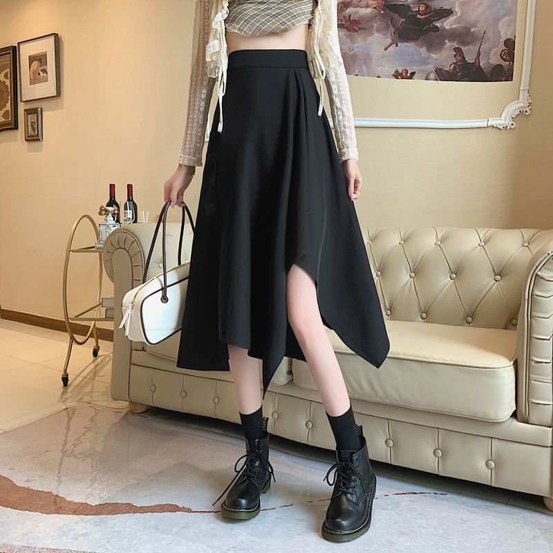 Plain Skirt Midi Waist A-Line Asymmetrical Elastic