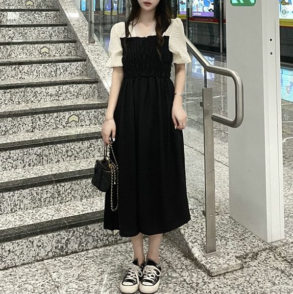 Mock Two Puff A-Line Ruched Sleeve Dress V-Neck Piece Midi