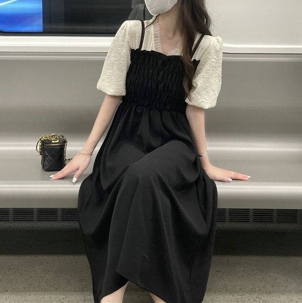 Mock Two Puff A-Line Ruched Sleeve Dress V-Neck Piece Midi