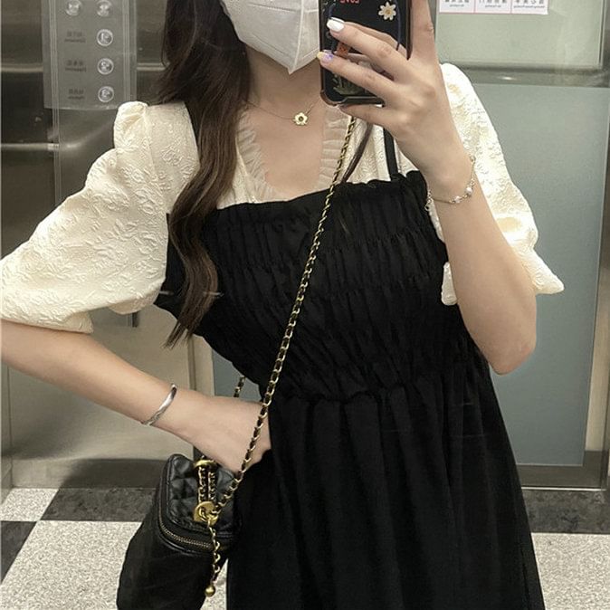 Mock Two Puff A-Line Ruched Sleeve Dress V-Neck Piece Midi