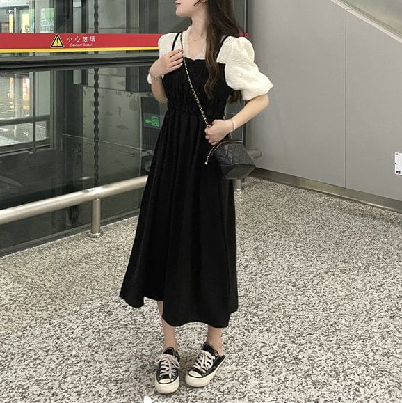 Mock Two Puff A-Line Ruched Sleeve Dress V-Neck Piece Midi