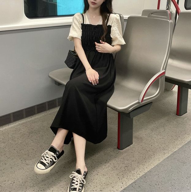 Mock Two Puff A-Line Ruched Sleeve Dress V-Neck Piece Midi