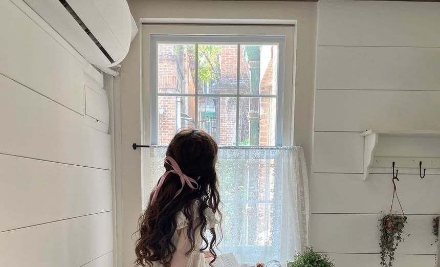 Neck Embroidered Round A-Line Sleeve Ruffle Dress Bow Mini Cap