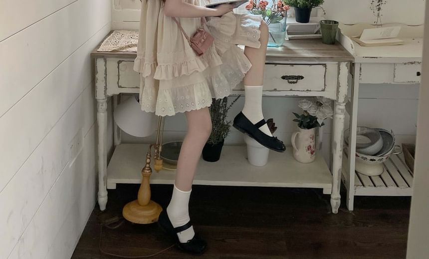 Neck Embroidered Round A-Line Sleeve Ruffle Dress Bow Mini Cap