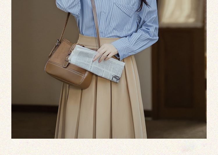 Long-Sleeve Plain Crop Top / Striped Shirt / High Waist Maxi A-Line Pleated Skirt / Set