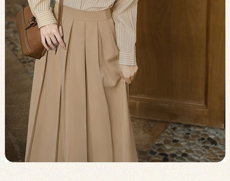 Long-Sleeve Plain Crop Top / Striped Shirt / High Waist Maxi A-Line Pleated Skirt / Set