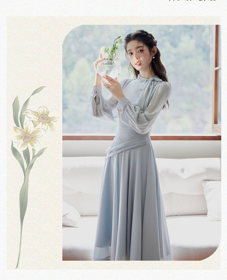 Long-Sleeve Tie Neck Plain Maxi A-Line Dress