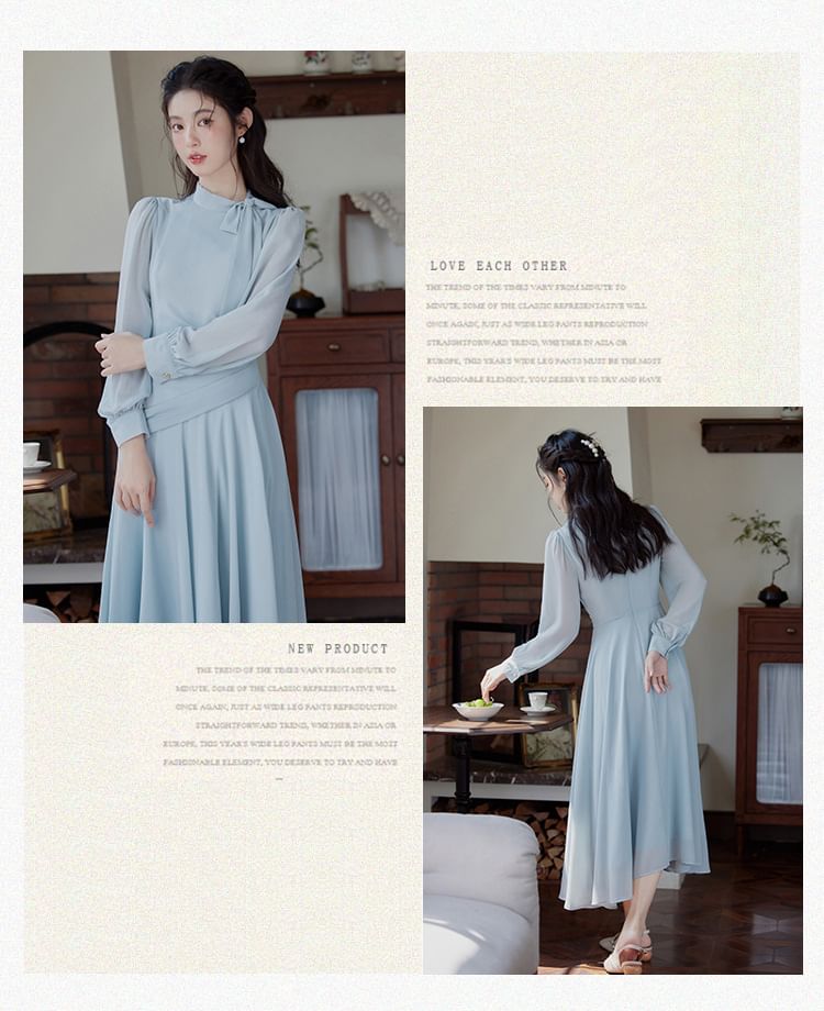 Long-Sleeve Tie Neck Plain Maxi A-Line Dress