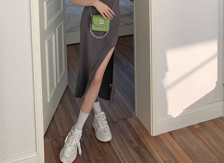 Mermaid Dress Back Midi Slit Neck Spaghetti Open Plain Scoop Strap