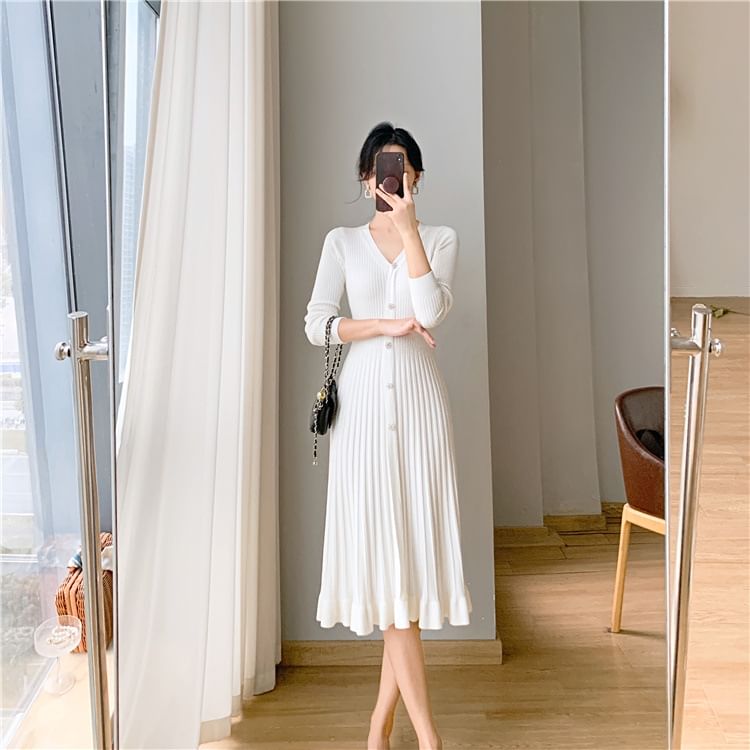 Long-Sleeve V-Neck Plain Ribbed Knit Midi A-Line Dress