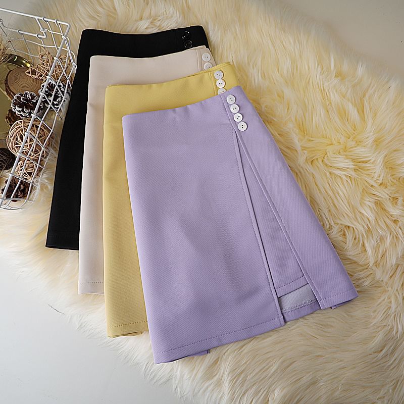 Button A-Line Skirt Plain Waist High Panel Mini